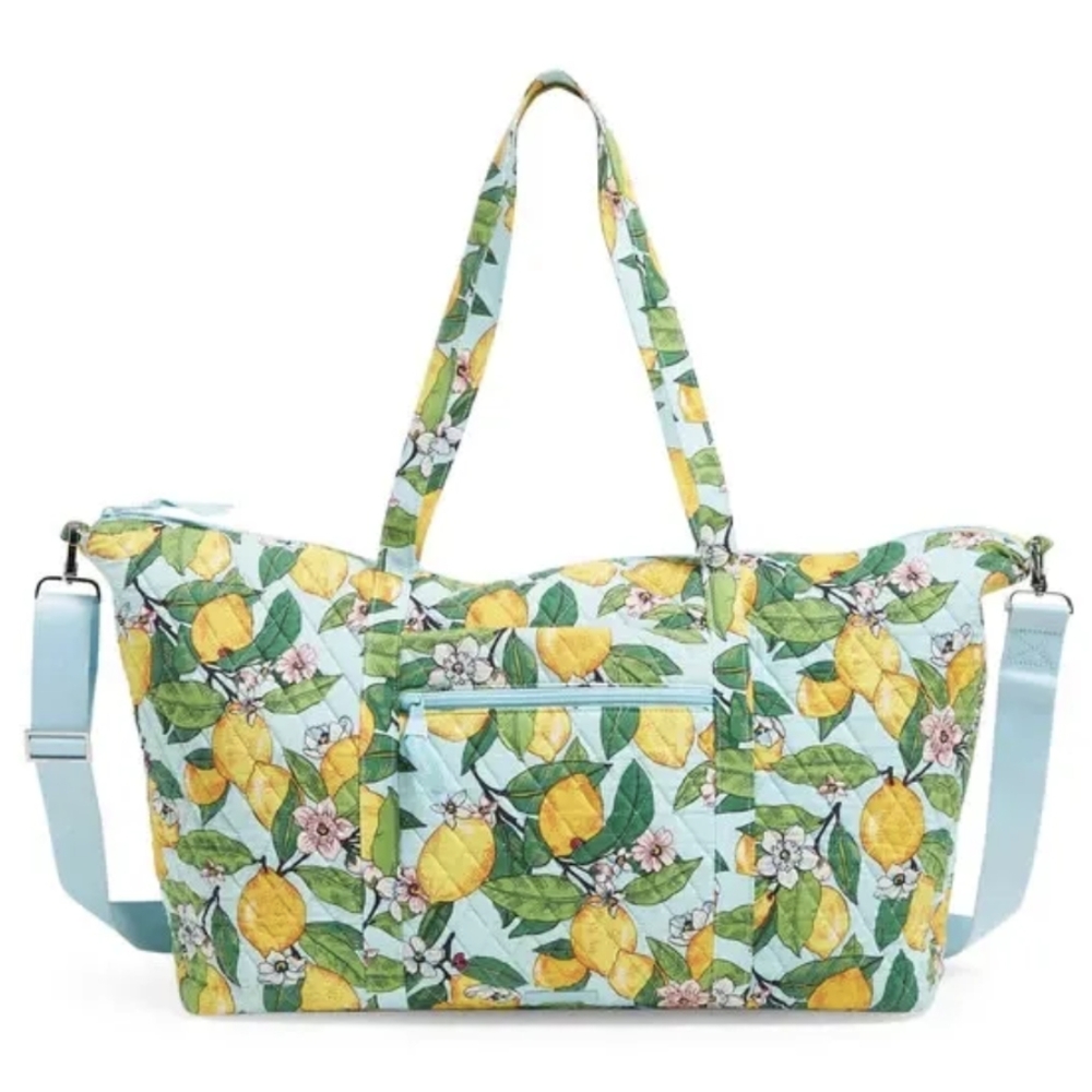 Vera Bradley Deluxe Travel Tote Lemon Grove Quilted Cotton Duffle Shoulder Strap